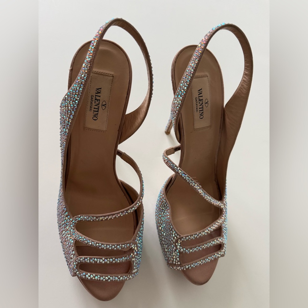 Valentino Beige Crystal Embellished Leather Platform Slingback Sandals Size 40 - Picture 5 of 13